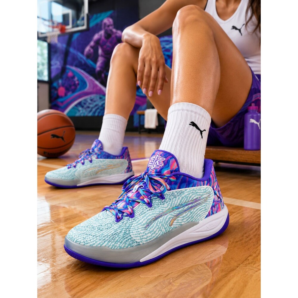 Puma Women 8 Athletic Training Shoe (311062-01) Aqua Purple Rainbow Lace Sneaker